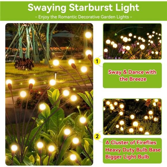 Solar Garden Lights Outdoor Waterproof, 2 Pack 16 LED Swaying Light Firefly - Picture 2 of 7
